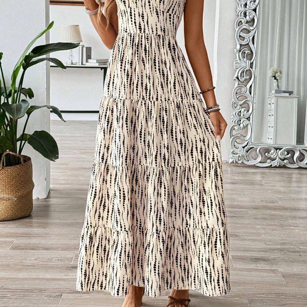 Apricot Boho Women's Belted Spaghetti Strap Patchwork Dress - Picture 5 of 6